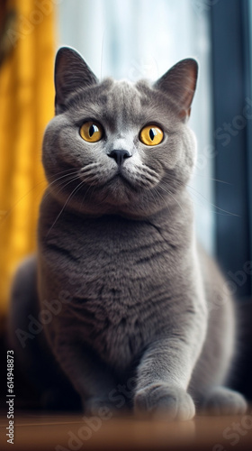 Generative AI British blue british shorthair cat with yellow eyes close up