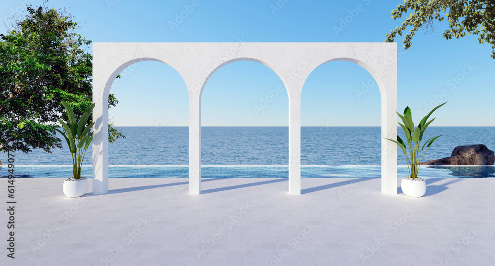 Beach houses hotel resort by the pool only and the arches architecture sees the pool near the sea and the sky. Suitable for relaxation, 3D luxury sea view Santorini island style.