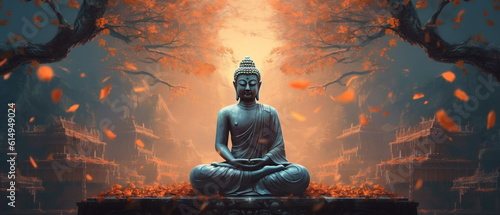 Generative AI Buddha statue in the forest. 3D illustration. Panorama