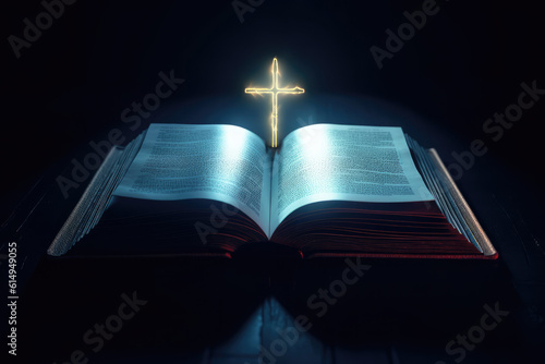 Open book with glowing cross on dark blue background, generative AI