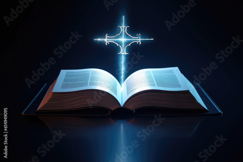 Open book with glowing cross on dark blue background, generative AI