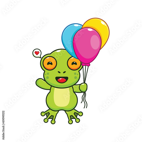 cute frog with balloon cartoon vector illustration.