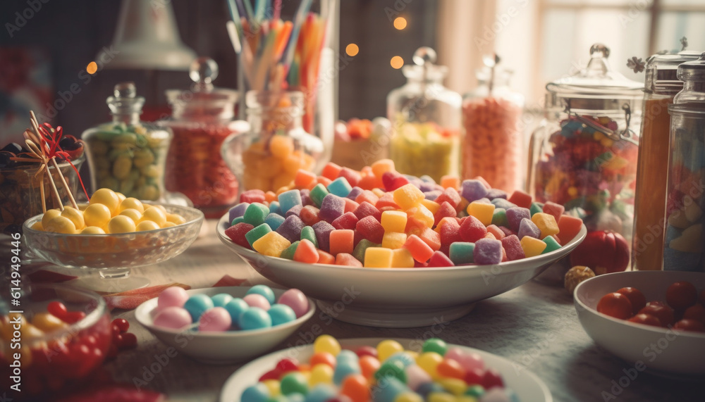 A bowl of colorful candy, a childhood indulgence on Halloween generated by AI A bowl of colorful candy, a childhood indulgence on Halloween generated by AI