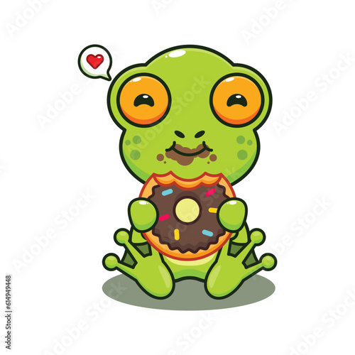 cute frog eating donut cartoon vector illustration.
