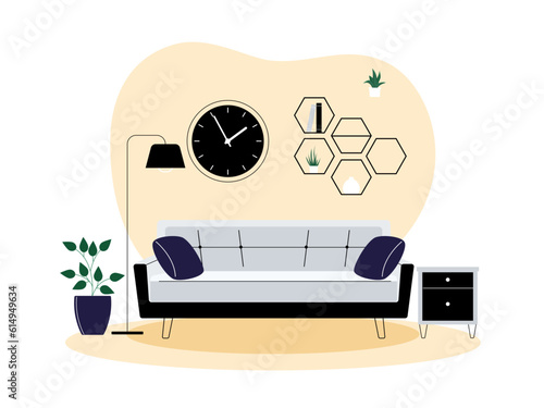 Modern living room interior vector design. Cozy living room interior design illustration