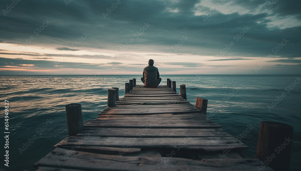 Obraz premium Sitting on the jetty, one person finds solitude in nature generated by AI