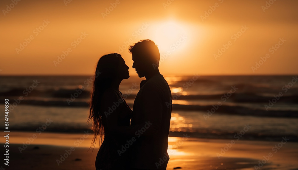 A carefree couple embraces in the backlit sunset, enjoying love generated by AI