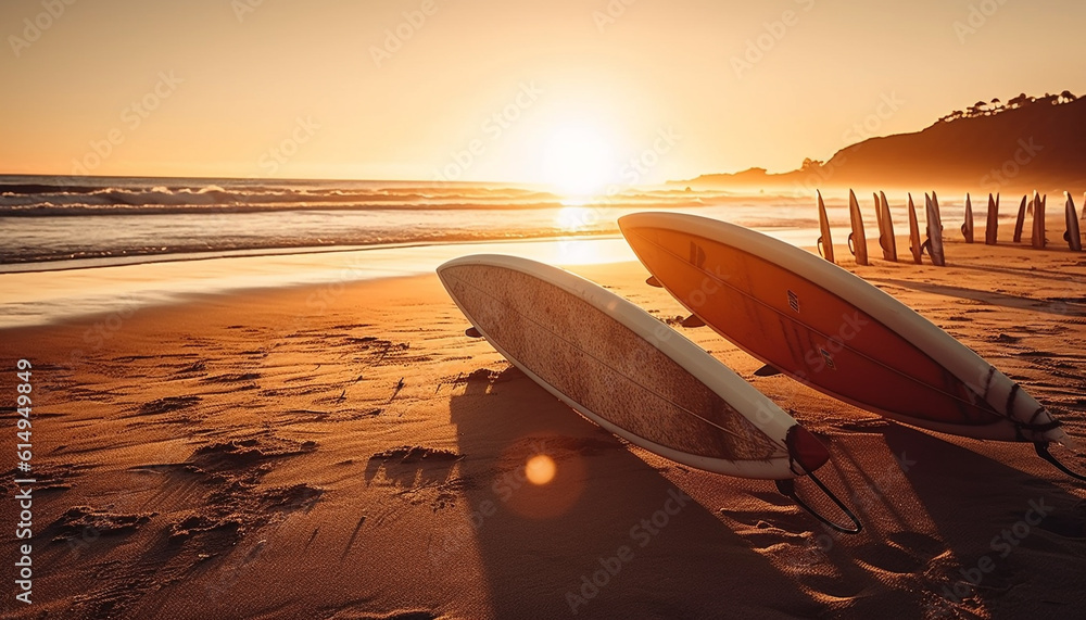 Fototapeta premium Surfboard on golden sand, waves crash at sunset, pure beauty generated by AI