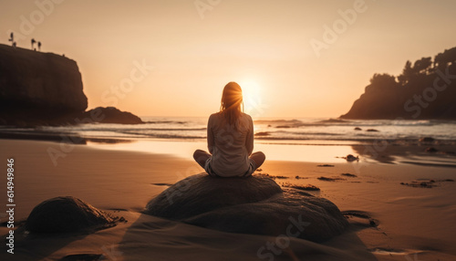 One woman meditates in lotus position, finding balance and solitude generated by AI © Stockgiu