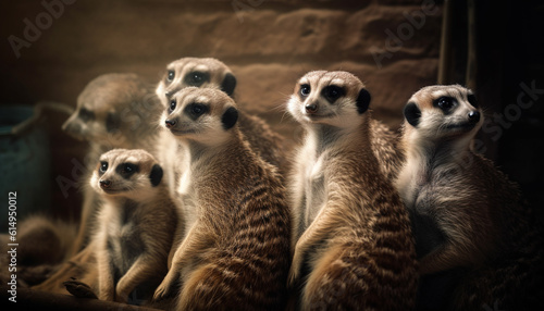 A cute meerkat standing alert in a row, watching fearfully generated by AI