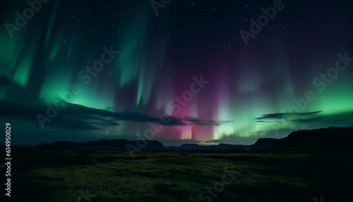 Silhouette of majestic mountain range illuminated by vibrant aurora polaris generated by AI © Stockgiu