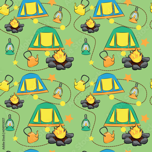Seamless summer camping theme pattern. Campfire and tent on colored background. Bright camping gear on green grass. Wallpaper, digital paper, fabric, background. Vector.