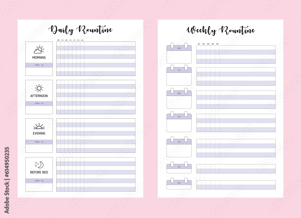 set 2 of Daily Week Routine. Minimalist planner template set. Vector illustration.