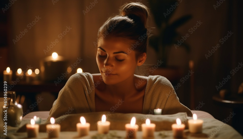 One young woman meditates in the glowing candlelight for relaxation generated by AI One young woman meditates in the glowing candlelight for relaxation generated by AI