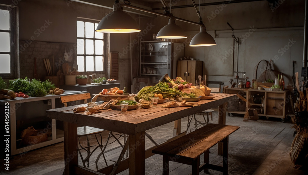 Fresh, healthy meal on rustic wooden table in modern kitchen generated by AI Fresh, healthy meal on rustic wooden table in modern kitchen generated by AI