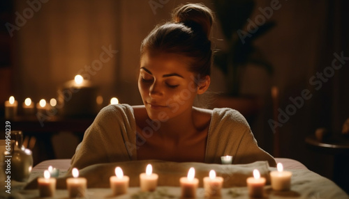 One young woman meditates in the glowing candlelight for relaxation generated by AI