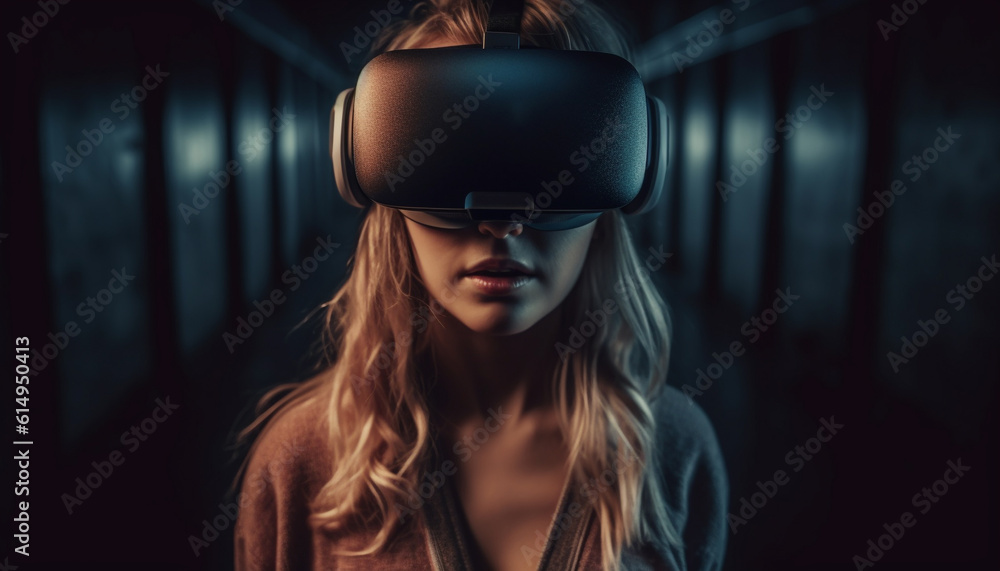 A young woman enjoys a futuristic virtual reality simulator indoors generated by AI A young woman enjoys a futuristic virtual reality simulator indoors generated by AI