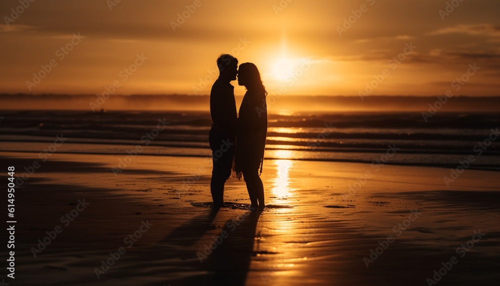 A romantic sunset embraces love, togetherness, and happiness outdoors generated by AI