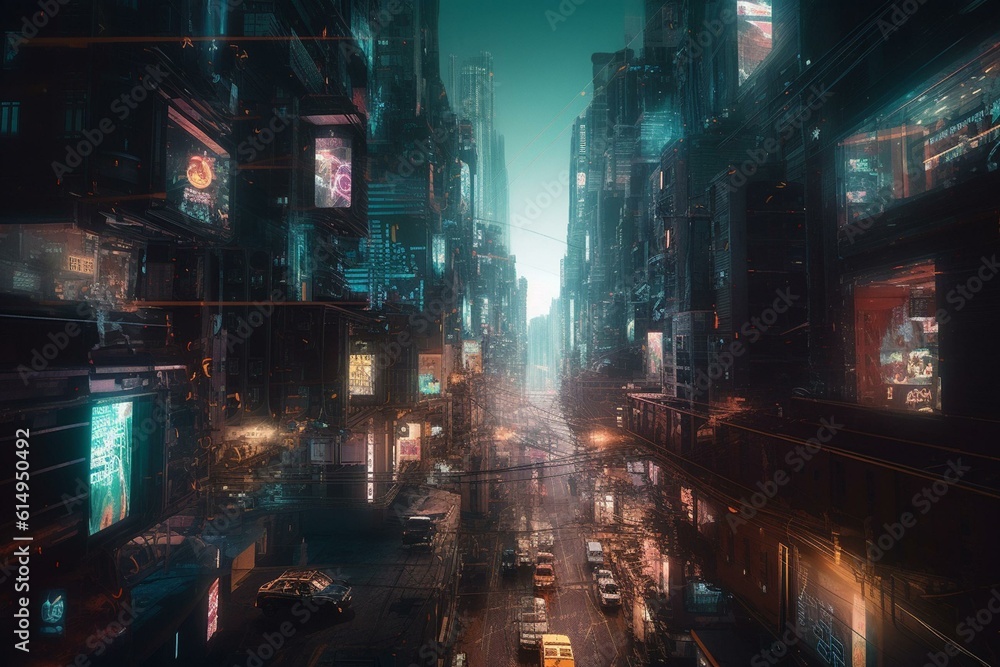 Painted future city in a thrilling abstract world with colorful landscapes and a sci-fi feel. Generative AI