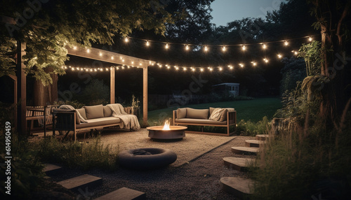 Comfortable sofa illuminated by lanterns in elegant outdoor living space generated by AI © Stockgiu