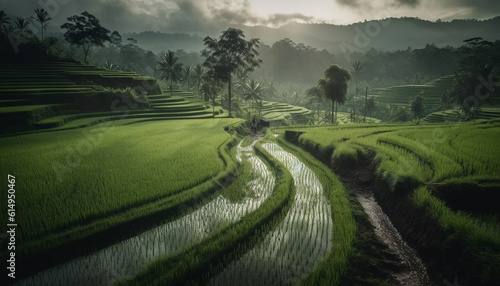 Terraced rice paddies in Bali showcase sustainable agriculture and stunning landscapes generated by AI