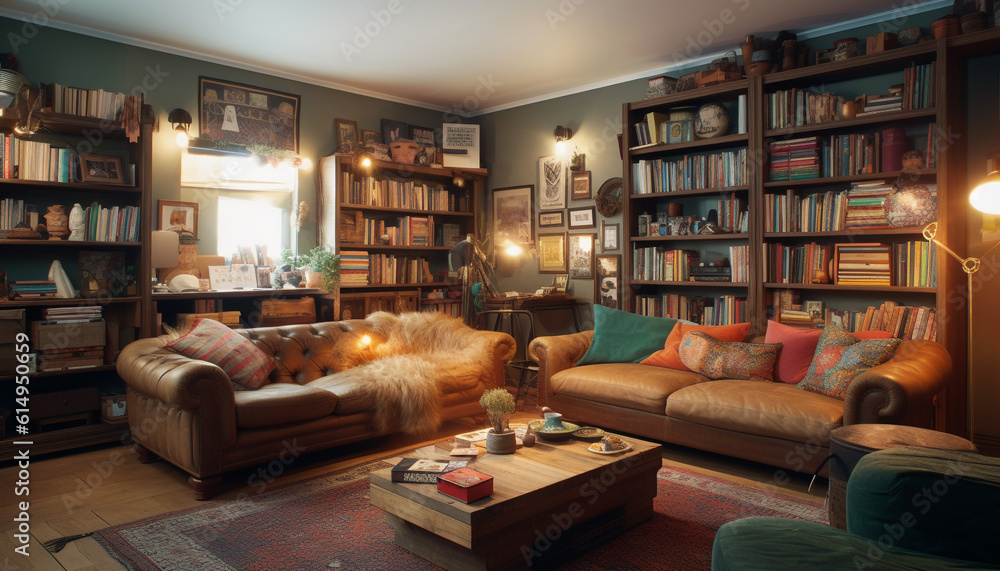 A modern, comfortable living room with a bookshelf collection generated by AI A modern, comfortable living room with a bookshelf collection generated by AI