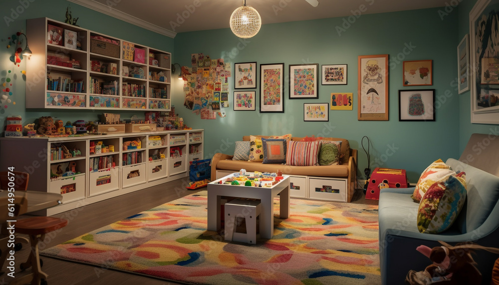 A colorful playroom with books, toys, and comfortable seating generated by AI