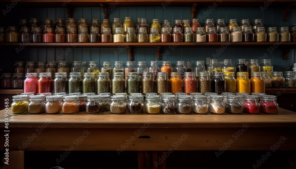 A variety of healthy spices arranged in glass jars on shelves generated by AI