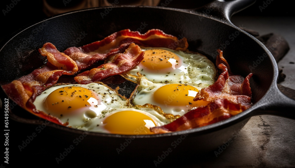 Rustic English breakfast on cast iron, focus on foreground freshness generated by AI Rustic English breakfast on cast iron, focus on foreground freshness generated by AI