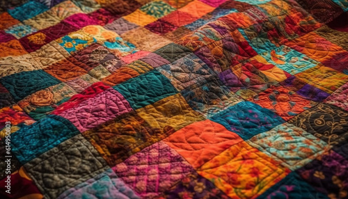 Vibrant colors and intricate patterns adorn this woven patchwork rug generated by AI