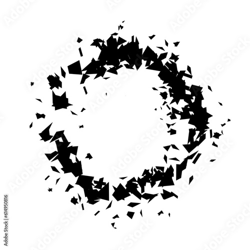 Debris and shatters in circle shape. Black broken pieces, specks, speckles and particles. Abstract explosion and burst textured element. Vector frame illustration 