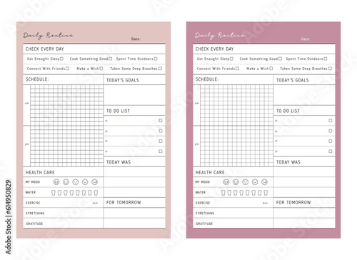 Daily Routine planner. (Pink) Minimalist planner template set. Vector illustration.