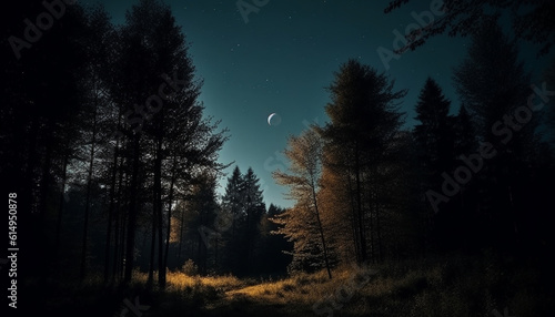 The spooky forest at dusk illuminated by moonlight and star trail generated by AI