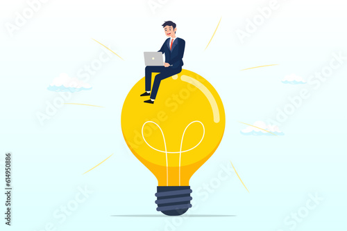 Smart businessman working with computer laptop on bright light bulb idea, entrepreneur solution, creative idea to solve work problem, success discover new innovation concept (Vector)