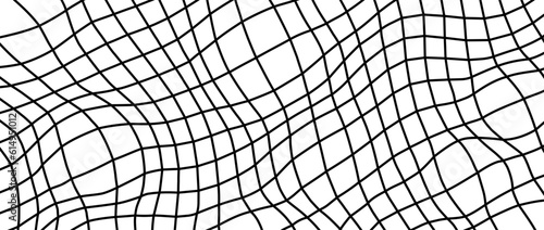 Distorted outline wireframe background. Abstract wavy checkerboard wallpaper. Warped curved grid surface pattern. Black and white geometric texture with optical illusion effect. Vector illustration