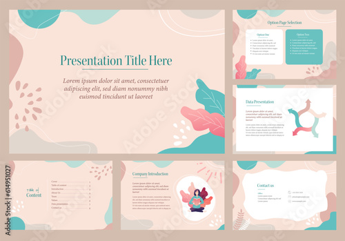 Presentation template peach leaf floral pastel art illustration cover table of content contact option page