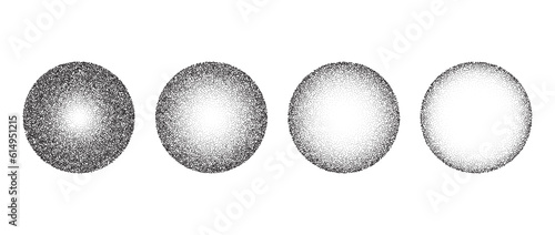 Textured gradient spheres set. Black dotted circles collections. Stippled round elements pack. Fading noise grain dotwork shapes. Halftone effect illustrations bundle. Vintage retro vector 