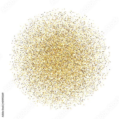 Golden confetti pale. Glowing dotted glitter background. Gold dots round heap. Sparkling halftone texture. Christmas decoration element for invitation, banner. Vector illustration 