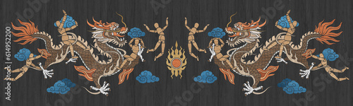Seamless character design chinese wooden puppet pose and wood texture colorful dragon graphics style pattern 