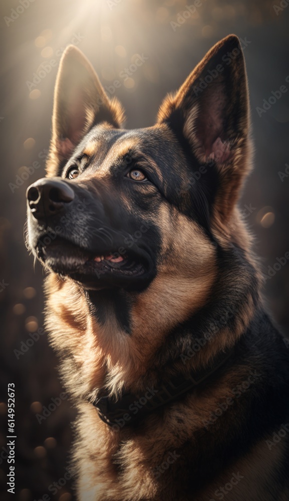 German shepherd dog portrait in sunset light. Beautiful german shepherd dog portrait. Generative AI