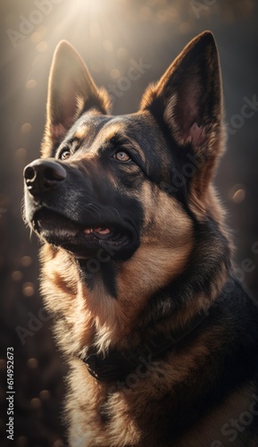 German shepherd dog portrait in sunset light. Beautiful german shepherd dog portrait. Generative AI