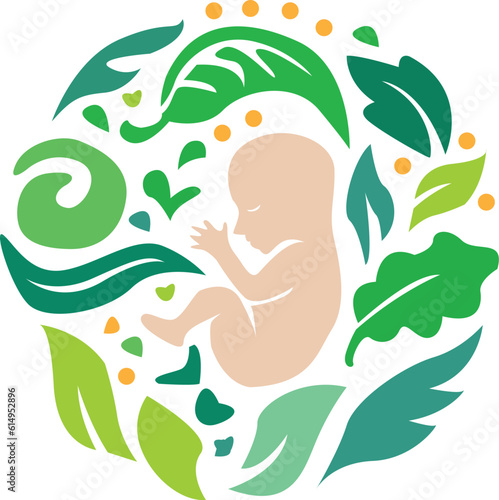 Illustration of human baby surrounded by floral leaves