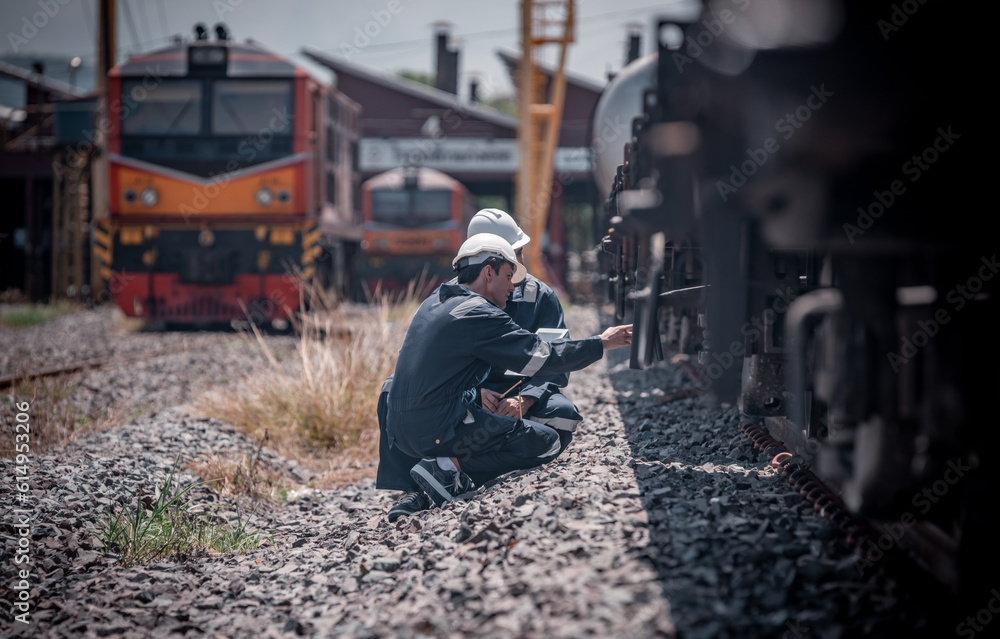 Engineer railway under inspection and checking construction railway switch and maintenence work on railroad station by tablet .Engineer wearing safety uniform and safety helmet in work