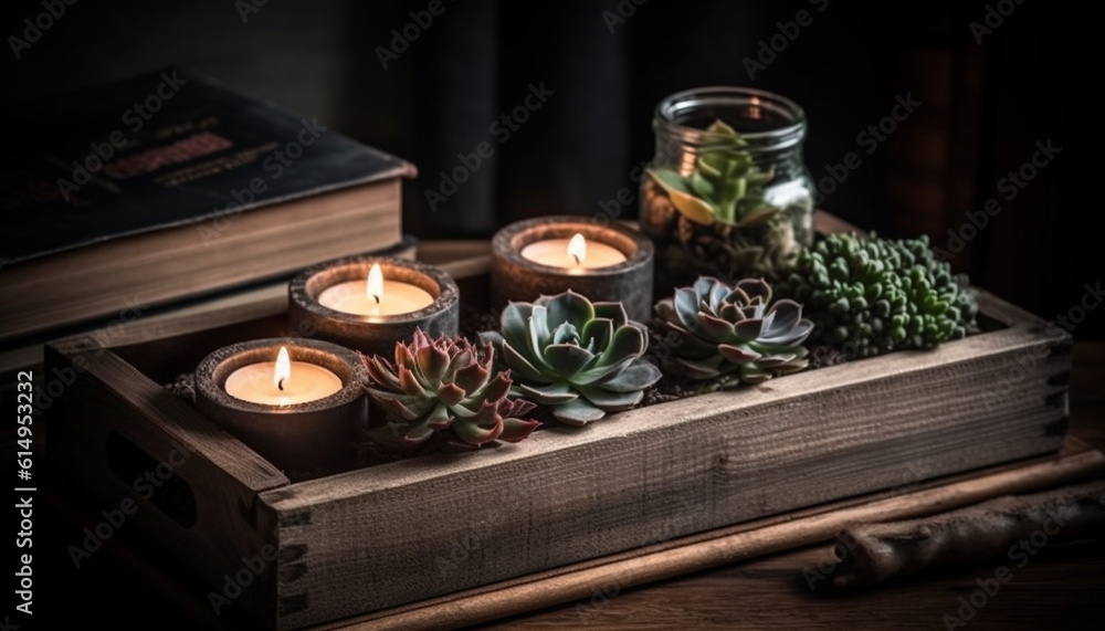 The burning candle illuminates the old book on the table generated by AI The burning candle illuminates the old book on the table generated by AI