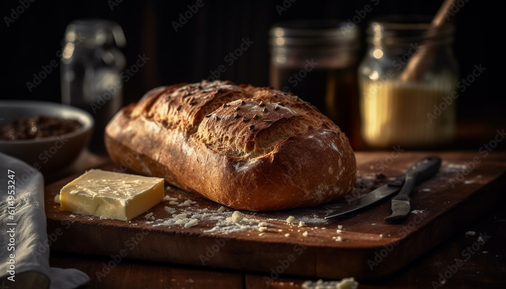 Freshly baked organic bread on rustic wooden table, perfect meal generated by AI