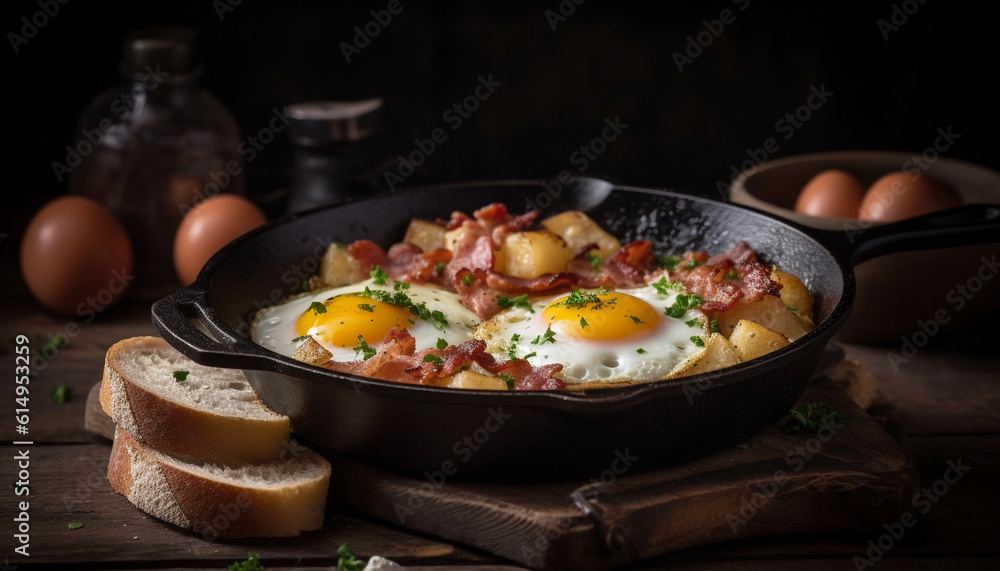 A rustic gourmet meal cooked on a cast iron pan generated by AI A rustic gourmet meal cooked on a cast iron pan generated by AI