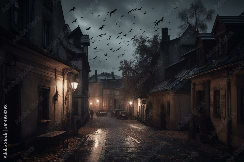 Dark gothic town with vampires and bats in a Halloween setting. Generative AI