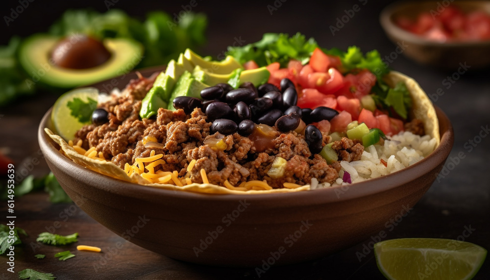 A gourmet vegetarian taco salad with fresh organic ingredients generated by AI A gourmet vegetarian taco salad with fresh organic ingredients generated by AI