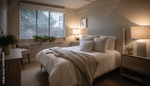 Modern luxury hotel suite with comfortable double bed and elegant decor generated by AI © Stockgiu