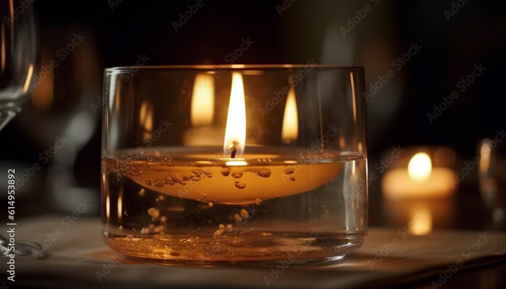 A glowing candle illuminates a whiskey glass on wooden table generated by AI A glowing candle illuminates a whiskey glass on wooden table generated by AI